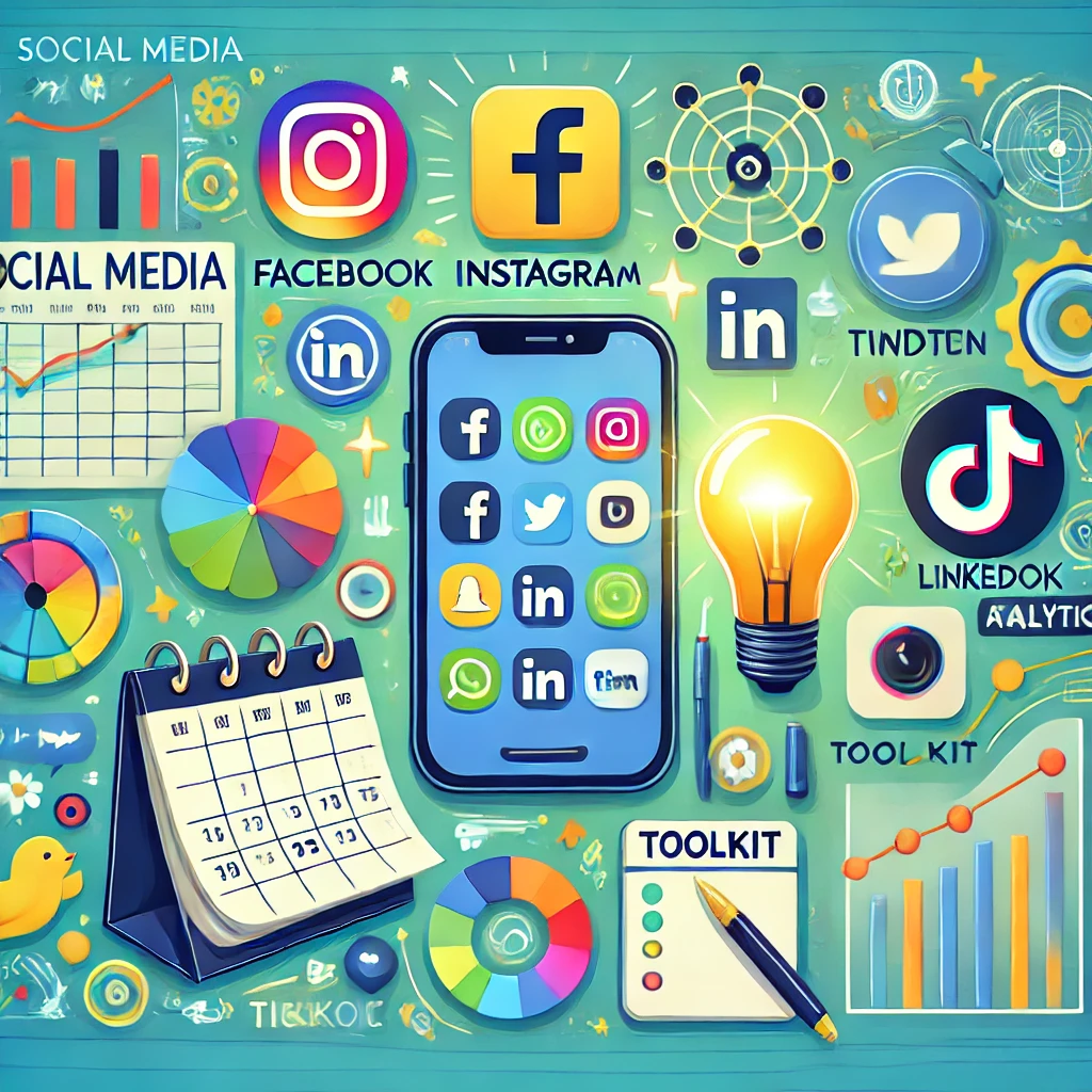 A vibrant illustration showing various tips for social media management. The image includes elements like a smartphone displaying popular social media icons (Facebook, Instagram, Twitter, LinkedIn, TikTok), a calendar for content scheduling, analytics charts, a checklist for planning, and a light bulb symbolizing creative ideas. The color scheme is bright and engaging with tones of blue, green, and yellow, and it conveys a professional yet dynamic mood, perfect for a WordPress blog or toolkit-related social media post.