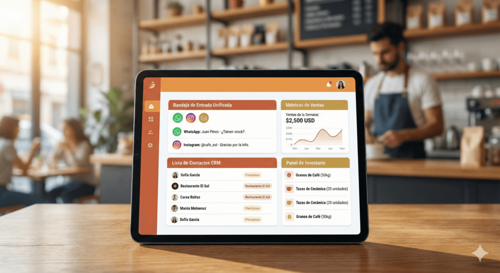 Interfaz conceptual de una plataforma de automatización para pymes: panel con mensajes, estadísticas de ventas y controles de inventario