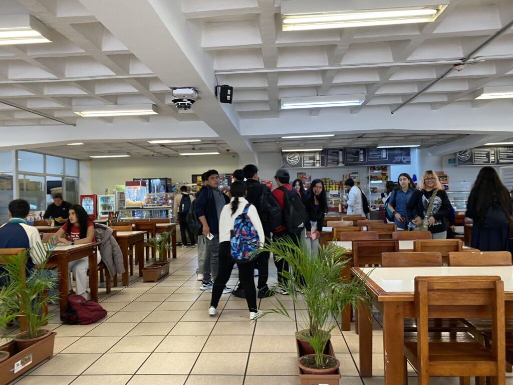 Estudiantes almuerzan y caminan dentro de una cafetería universitaria amplia, con mesas de madera, plantas decorativas y un ambiente concurrido en el campus.